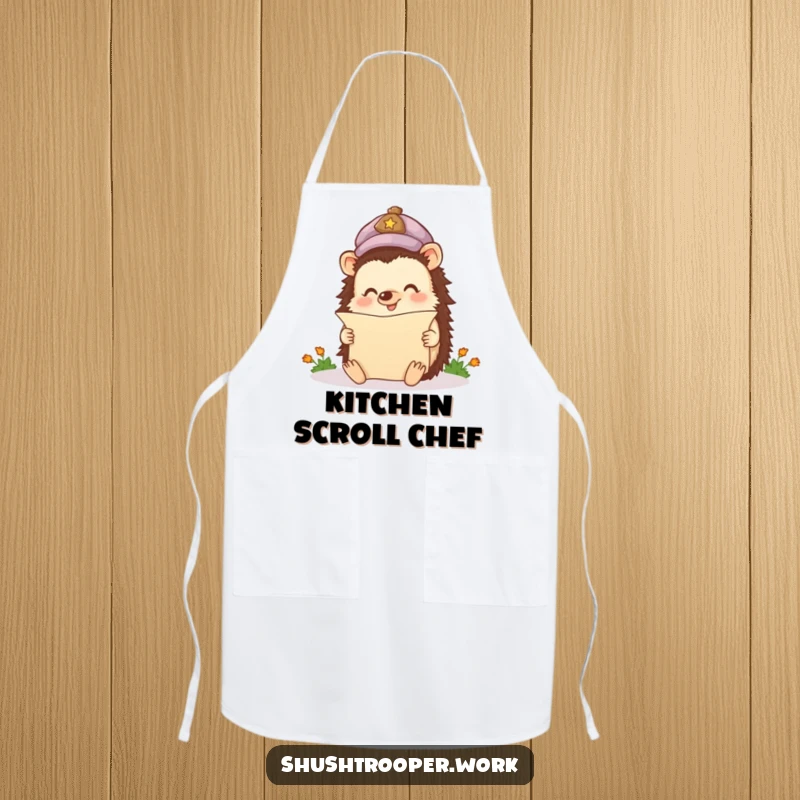 Funny Apron featuring a happy hedgehog wearing a cap, reading a miniature scroll, ideal for kitchen fun.