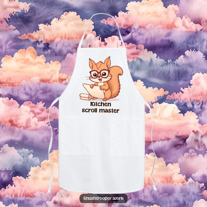 Funny Squirrel Scribe Apron: A cheerful squirrel in spectacles happily sorts scrolls, ready for any task.