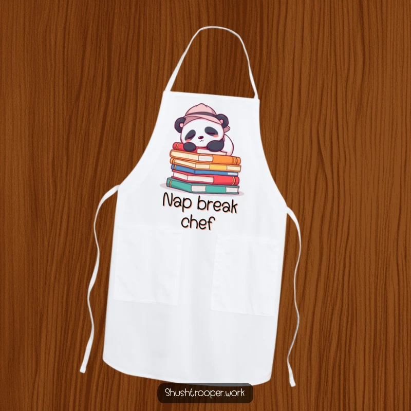 Funny Apron featuring a sleepy panda wearing a hat, snoozing on colorful books, ideal for kitchen fun.