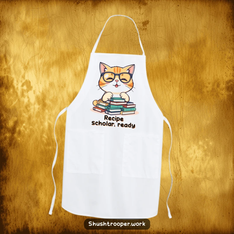 Funny Apron featuring a giggling cat wearing glasses, organizing tiny notebooks, ideal for kitchen fun.