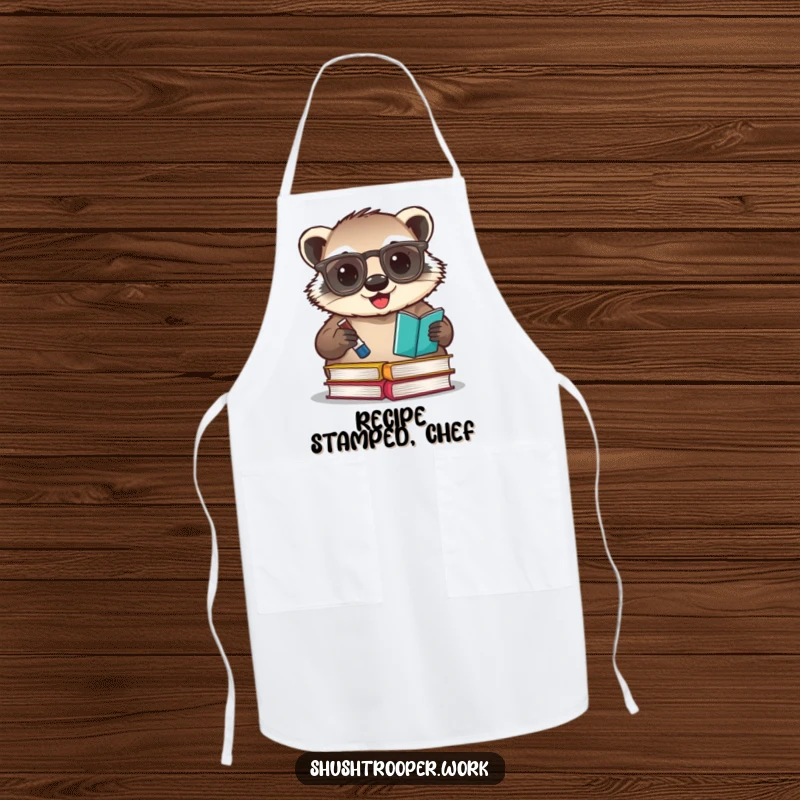 Funny badger librarian apron, showing a happy badger with glasses stamping books with an ink pad.