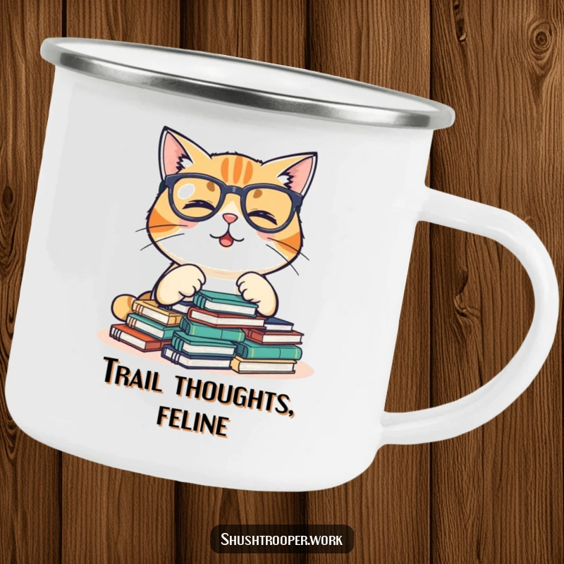 Funny Camping Mug with a giggling cat wearing glasses organizing tiny notebooks, perfect for outdoor adventures.
