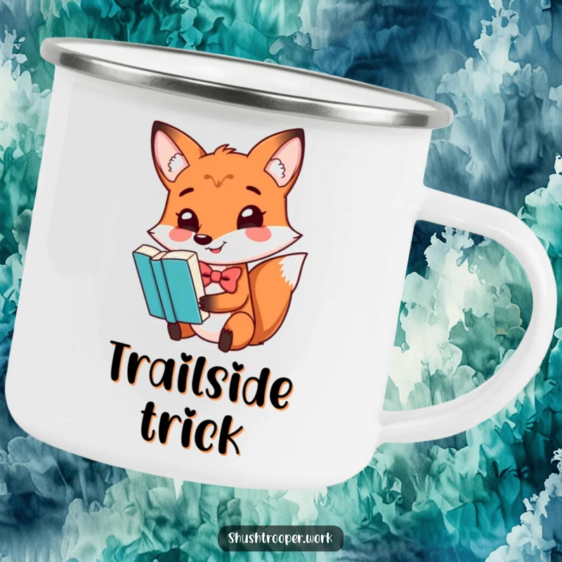 Funny fox wearing a bowtie, balancing a book on its nose, on an enamel camping mug.