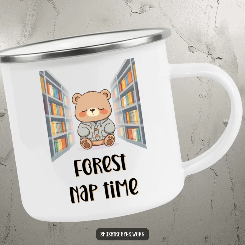 Funny sleepy bear wearing a cardigan, dozing near books, on an enamel camping mug for outdoor relaxation.