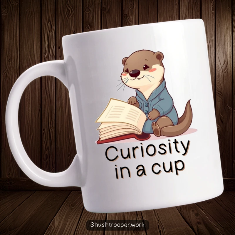 Funny Otter Librarian Mug: A curious otter wearing a cardigan excitedly points at an open page of a giant book.
