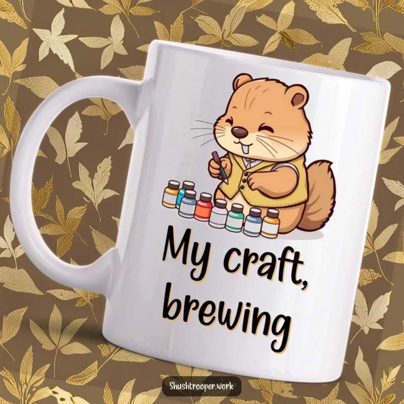 Funny Mug showcasing a diligent beaver in a vest, carefully arranging tiny ink bottles, celebrating craftsmanship.