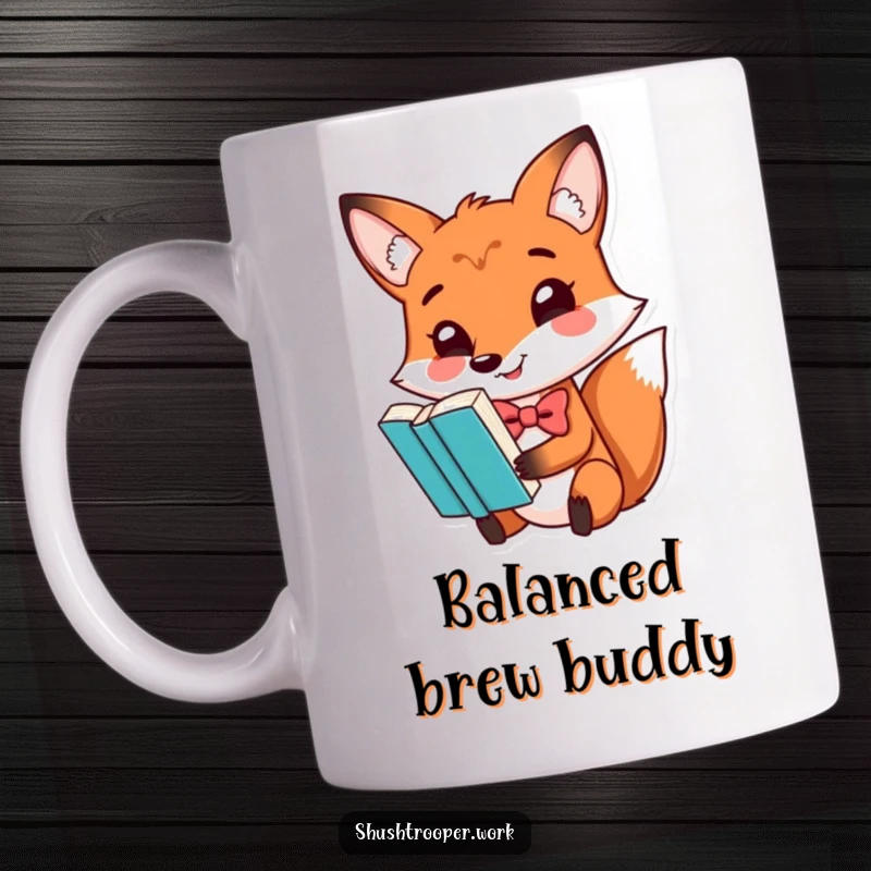 Funny, playful fox wearing a bowtie, balancing a book on its nose, on a fun mug.