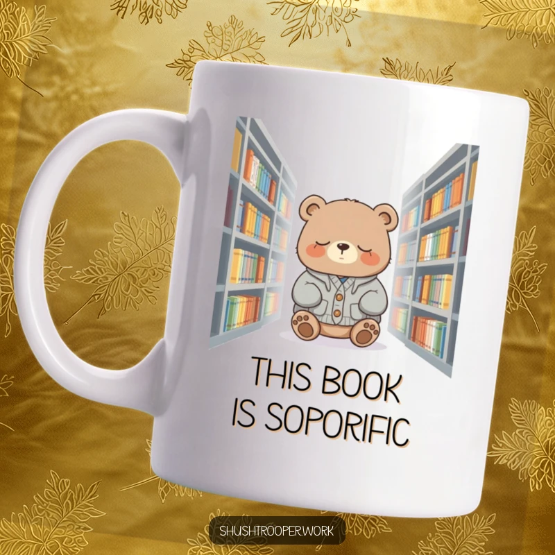 Funny sleepy bear wearing a cardigan, nodding off while sitting among library shelves on a mug.