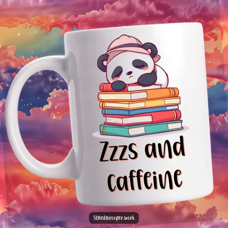 Funny Mug with a sleepy panda wearing a hat, snoozing peacefully on a large stack of colorful books, symbolizing comfort.
