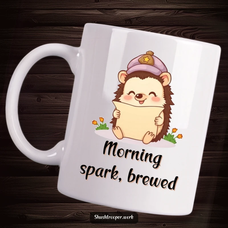 Funny Mug with a happy hedgehog wearing a cap, enthusiastically reading a tiny scroll, symbolizing learning.