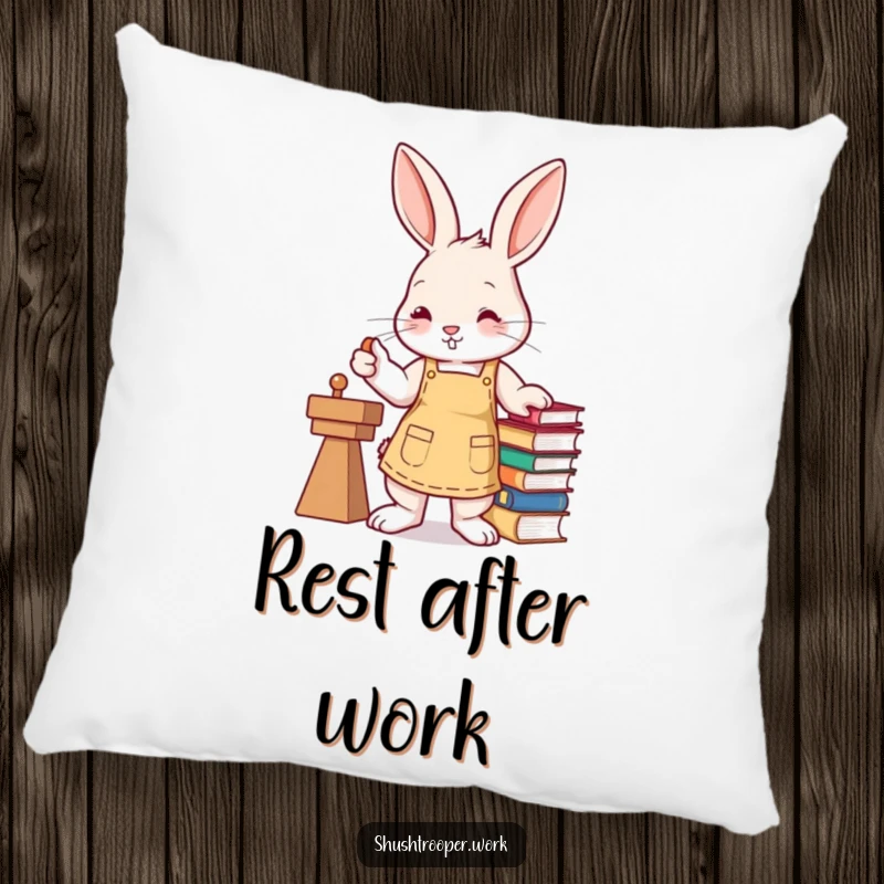 Funny busy bunny wearing an apron, stamping books with a paw, on a plush pillow.