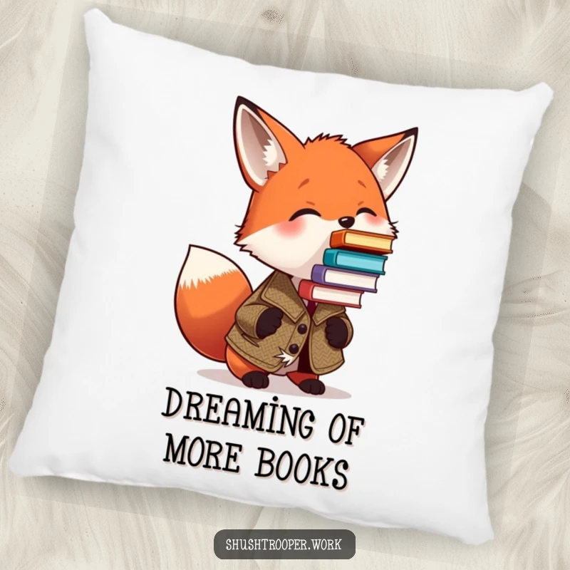 Funny Fox Literary Pillow: A fox in a tweed jacket humorously balances a teetering tower of books on its nose.
