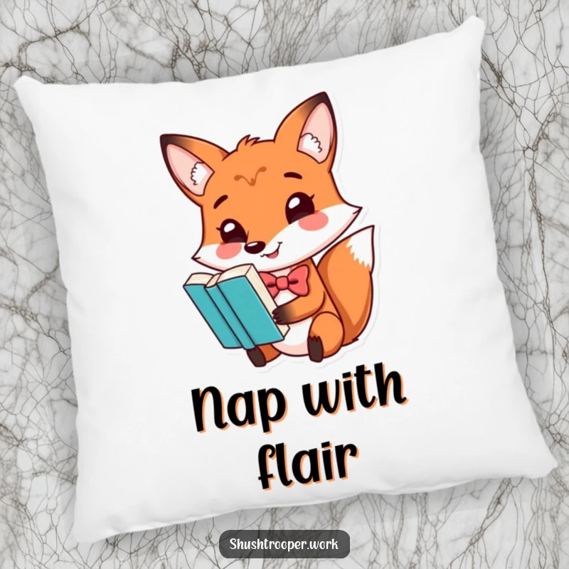 Funny fox wearing a bowtie, balancing a book on its nose, on a plush pillow.