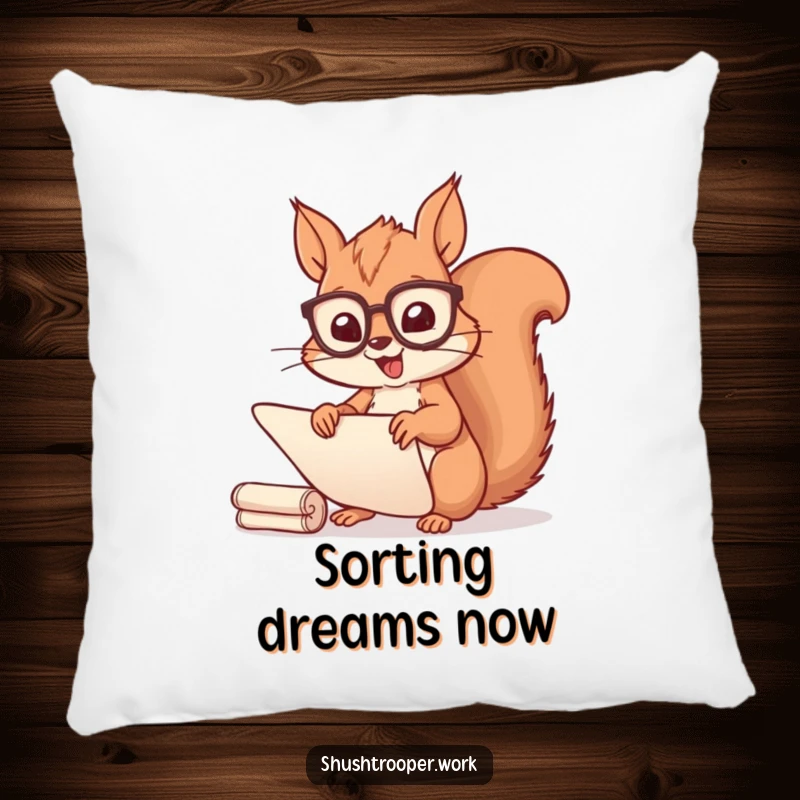 Funny Squirrel Scribe Pillow: A cheerful squirrel with spectacles sorts scrolls happily, offering comfort and organization.
