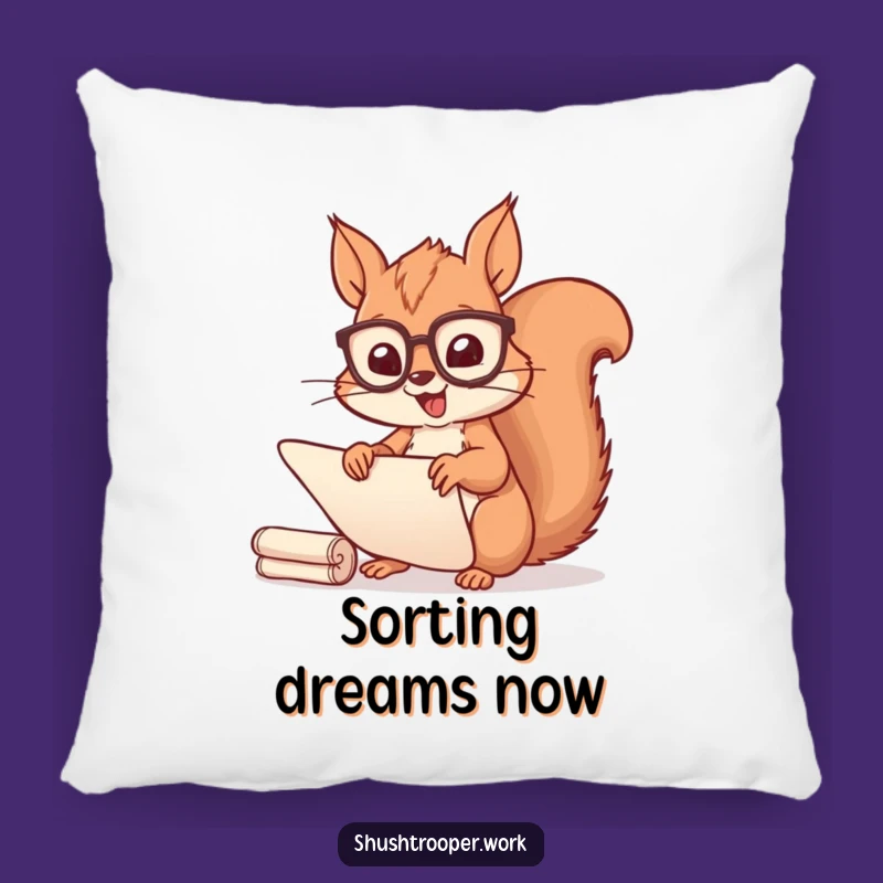 Funny Squirrel Scribe Pillow: Cozy Cheerful Spectacled Scroll Sorter Cushion