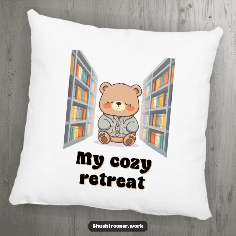 Funny sleepy bear wearing a cardigan, dozing peacefully amongst books, on a plush pillow.