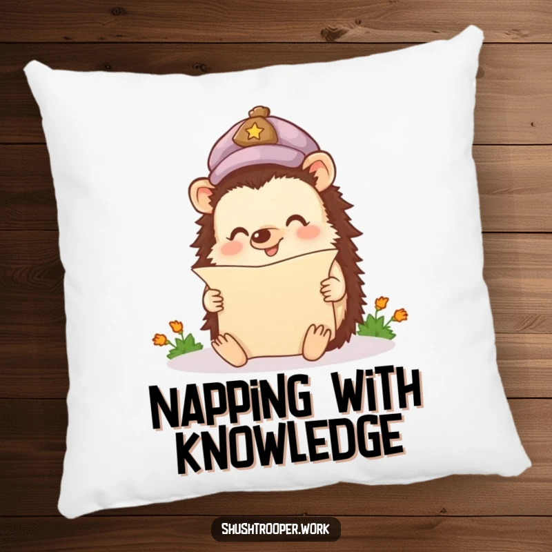 Funny Pillow with a happy hedgehog in a cap reading a miniature scroll, perfect for adding comfort and charm.