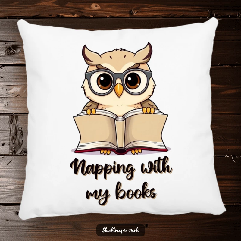 Funny Owl Librarian Pillow: Cheerful owl with spectacles reading a book, perfect for adding comfort and charm.