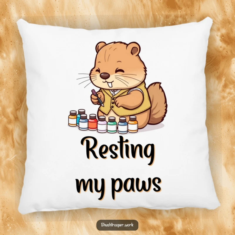 Funny Pillow with a diligent beaver in a vest organizing tiny ink bottles, perfect for adding comfort and charm.