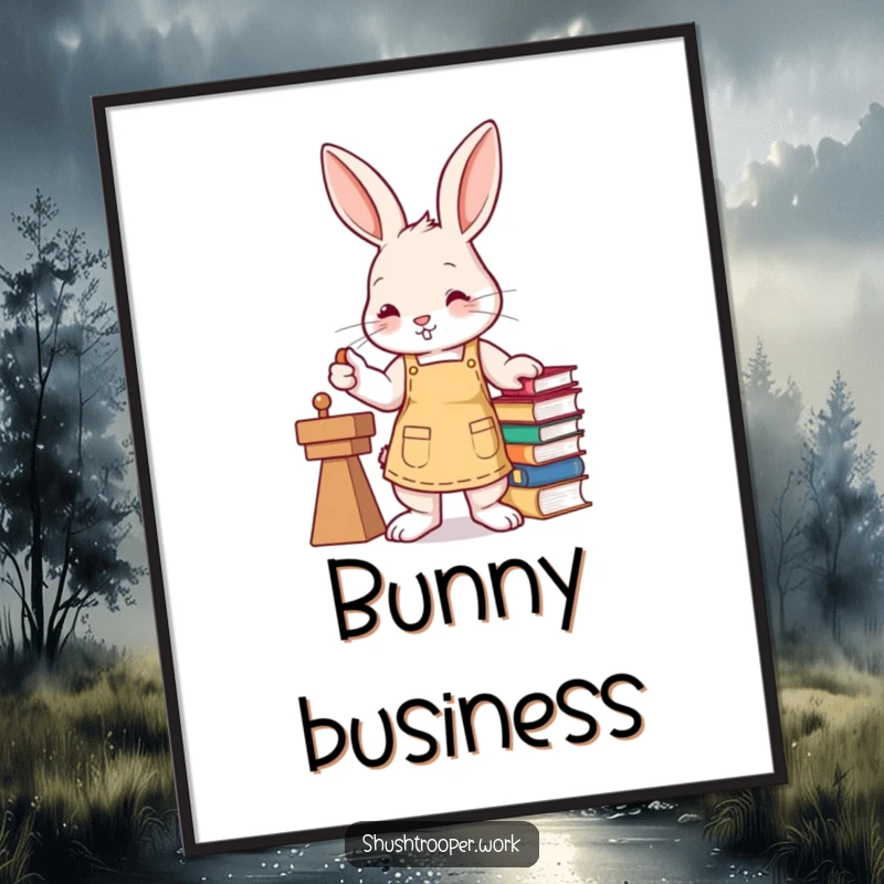 Funny busy bunny wearing an apron, efficiently stamping books with its paw, as digital art print.