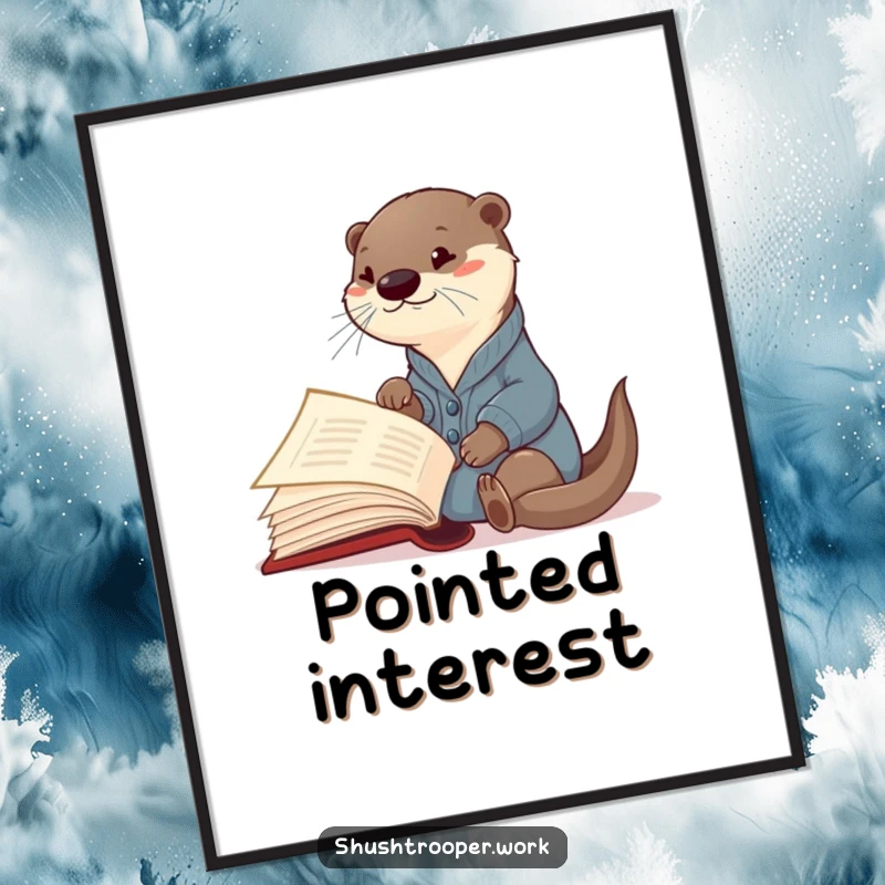 Funny Otter Librarian Digital Art: A curious otter in a cardigan excitedly points at an open giant book, ready for download.