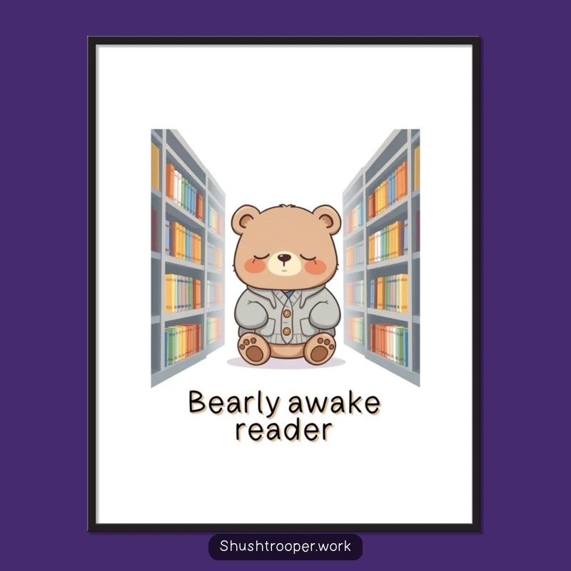 Funny Sleepy Bear Digital Art Print: Cozy Library Whimsy