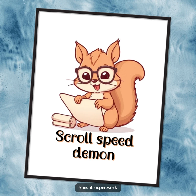 Funny Squirrel Scribe Digital Art: A cheerful squirrel in spectacles happily sorts scrolls, ready for download.