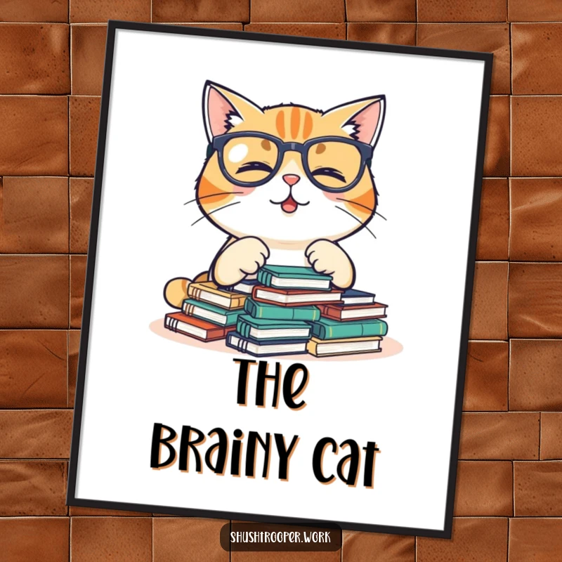 Funny Digital Art Print of a giggling cat wearing glasses organizing tiny notebooks, ideal for cheerful decor.
