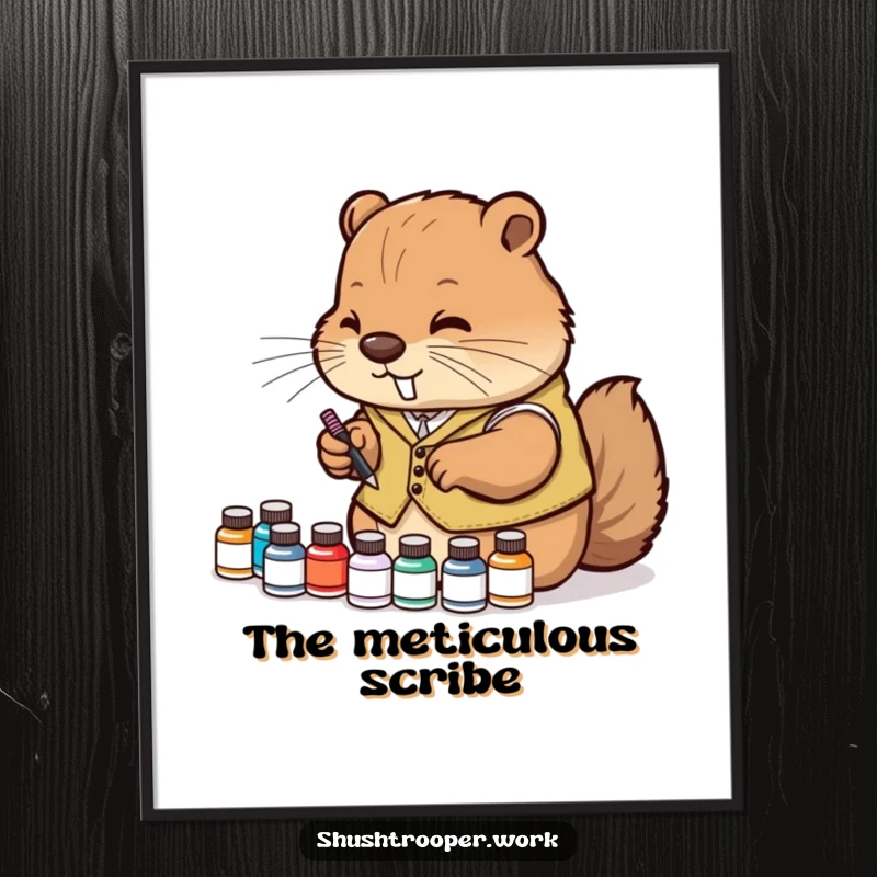 Funny Digital Art Print of a diligent beaver wearing a vest, meticulously arranging tiny ink bottles, ideal for art lovers.
