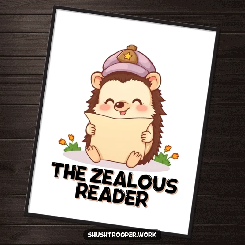 Funny Digital Art Print of a happy hedgehog wearing a cap, enthusiastically reading a miniature scroll, ideal for educational decor.