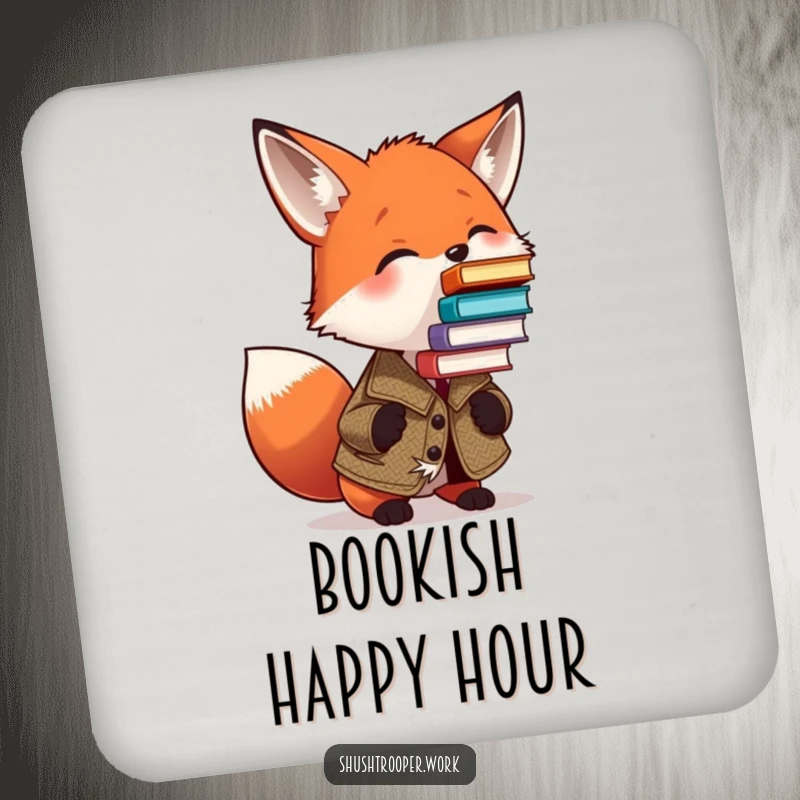 Funny Fox Book Lover Coaster: A fox in a tweed jacket humorously balances a teetering tower of books on its nose.