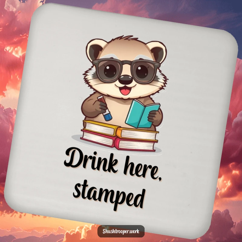Funny badger librarian coaster, featuring a happy badger with glasses stamping books with an ink pad.