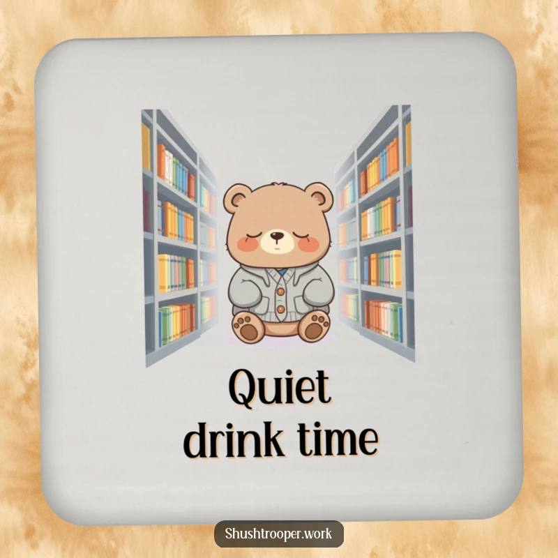 Funny sleepy bear in a cardigan dozing near books, depicted on a drink coaster.