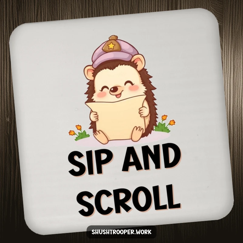 Funny Drink Coasters featuring a happy hedgehog in a cap reading a miniature scroll, perfect for tabletops.