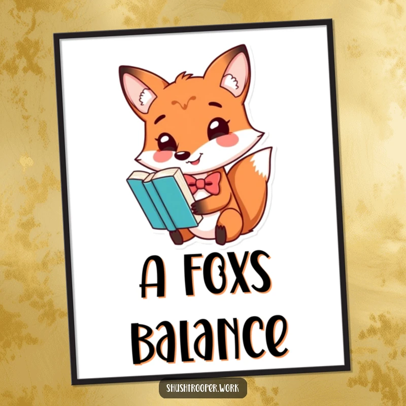 Funny playful fox wearing a bowtie, balancing a book on its nose, as whimsical wall art on a poster.