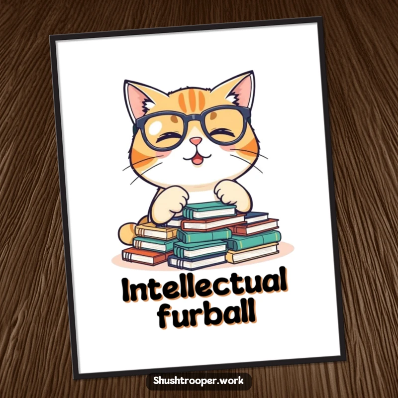 Funny Poster of a giggling cat wearing glasses, diligently organizing a pile of tiny notebooks, adding whimsy.