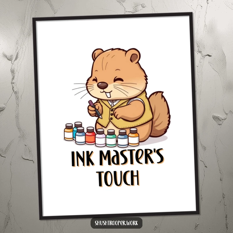 Funny Poster of a diligent beaver wearing a vest, meticulously arranging tiny ink bottles, ideal for studios.