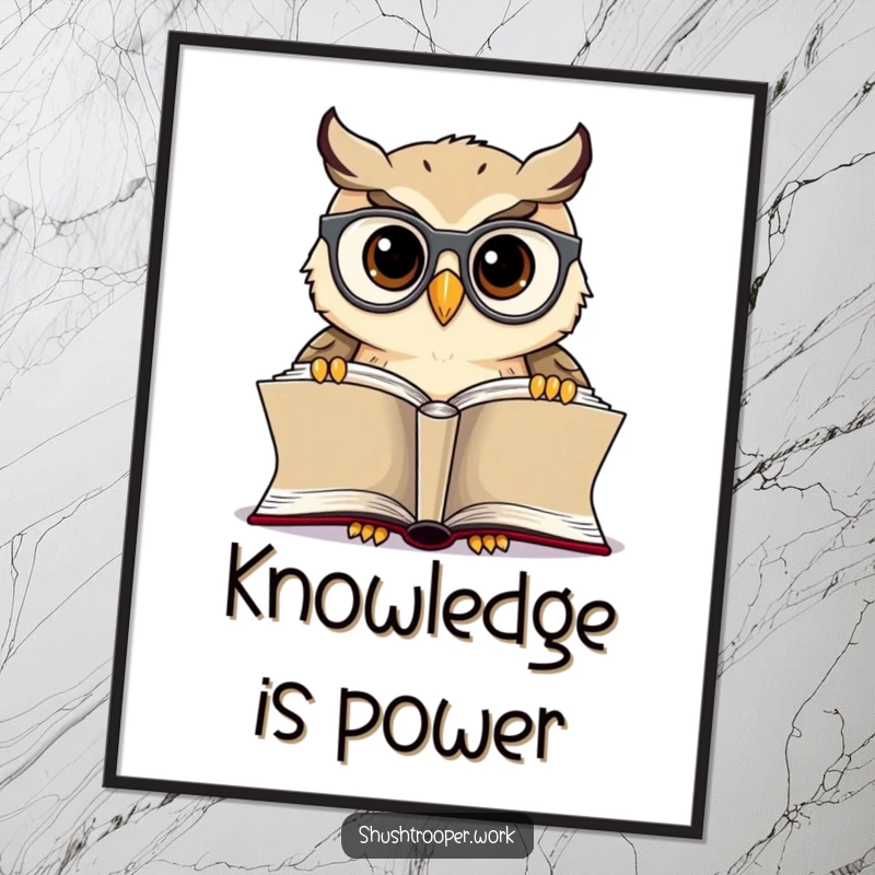 Funny Owl Librarian Poster: Cheerful owl with tiny spectacles, intently reading a book, adding wisdom.
