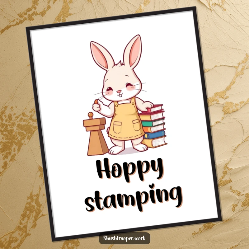 Funny busy bunny wearing an apron, efficiently stamping books with its paw, as whimsical wall art on a poster.