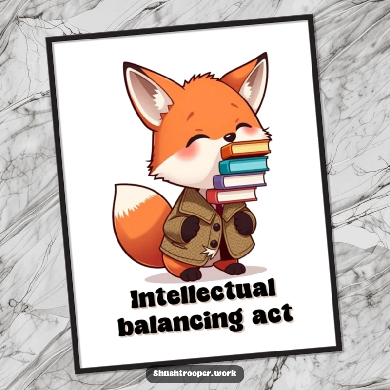 Funny Fox Book Nook Poster: A charming fox in a tweed jacket humorously balances a tall stack of books on its nose.