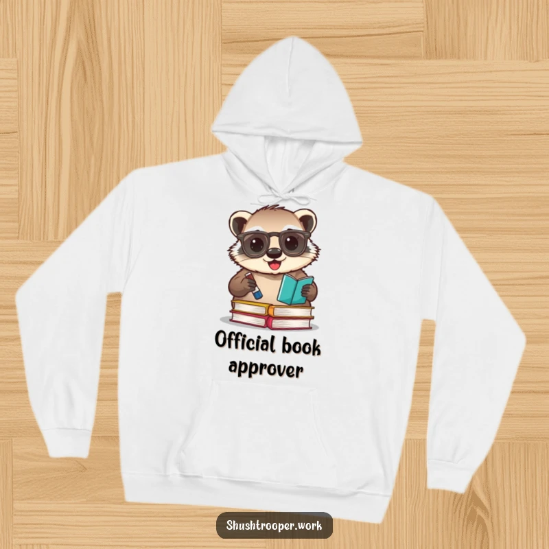 Funny badger librarian hoodie, depicting a cheerful badger with glasses stamping books with an ink pad.
