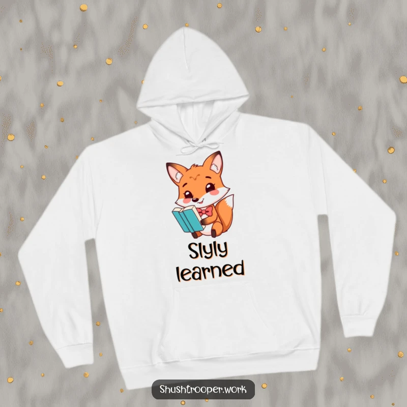 Funny fox in a bowtie, balancing a book on its nose, featured on a warm and cozy hoodie.