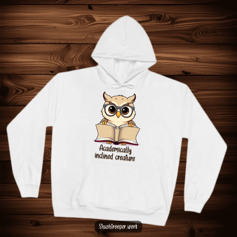 Funny Owl Librarian Hoodie: Cheerful owl wearing spectacles, reading a book, offering warmth and intellectual charm.
