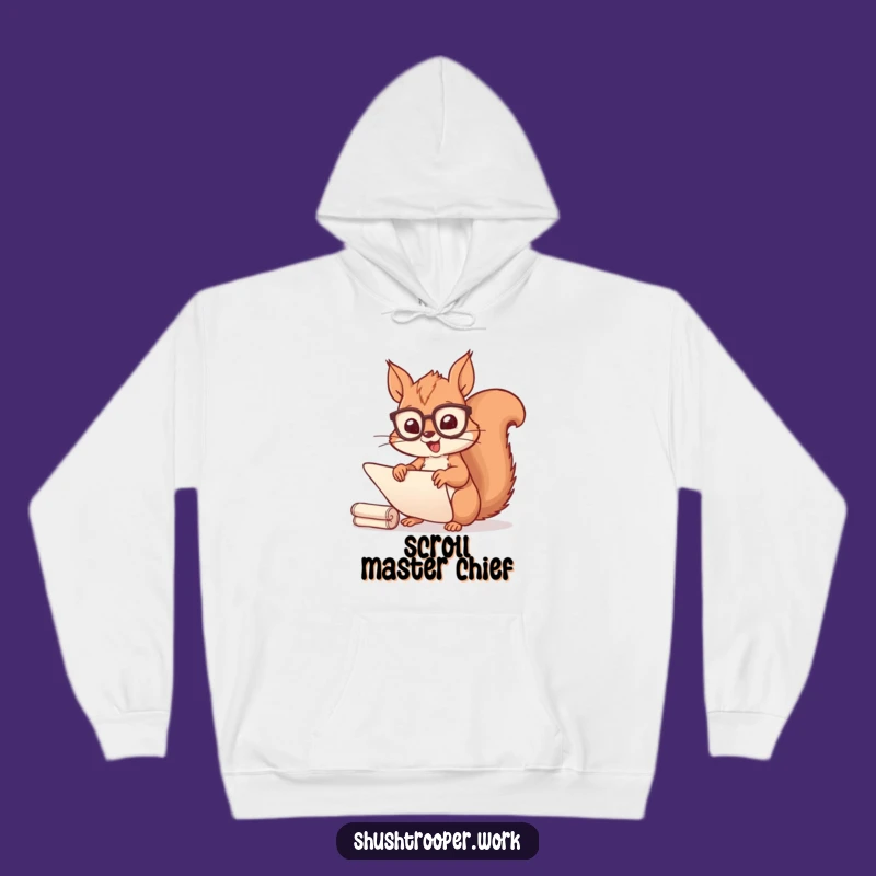 Funny Squirrel Scribe Hoodie: Cozy Cheerful Spectacled Scroll Sorter Sweatshirt