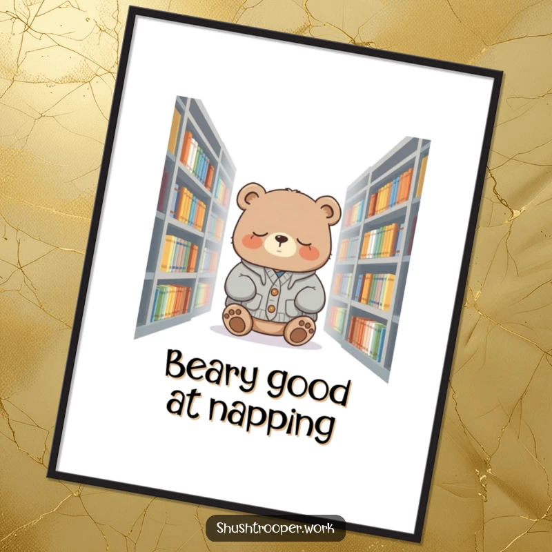 Funny Free Printable Wall Art: A sleepy bear in a cardigan slumbers peacefully among stacks of books. Cozy art.