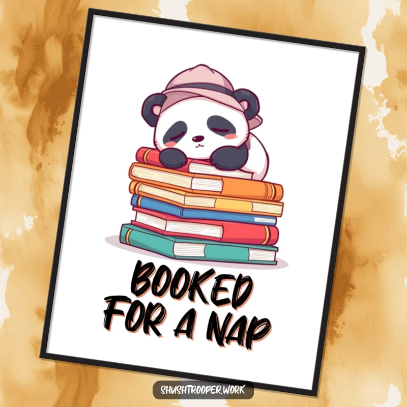 Free printable wall art featuring a sleepy panda in a hat resting on a pile of oversized, colorful books.
