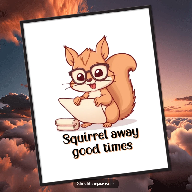 Funny Free Printable Cheerful Squirrel Scholar Wall Art sorting scrolls, busy and happy decor, a downloadable gift.