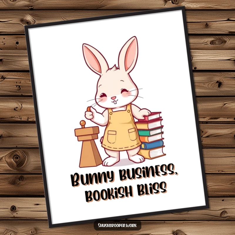 Funny Free Printable Wall Art: A busy bunny in an apron stamps books efficiently with its paw. Quirky art.