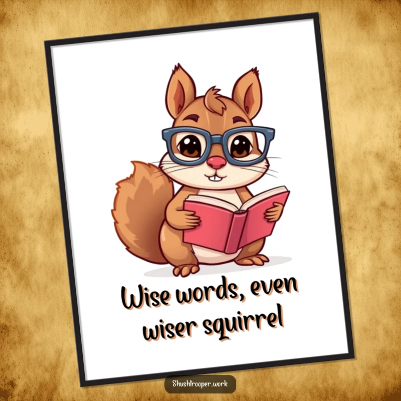Funny Free Printable Wall Art: A mischievous squirrel wearing glasses intently reads a tiny open book. Quirky decor.