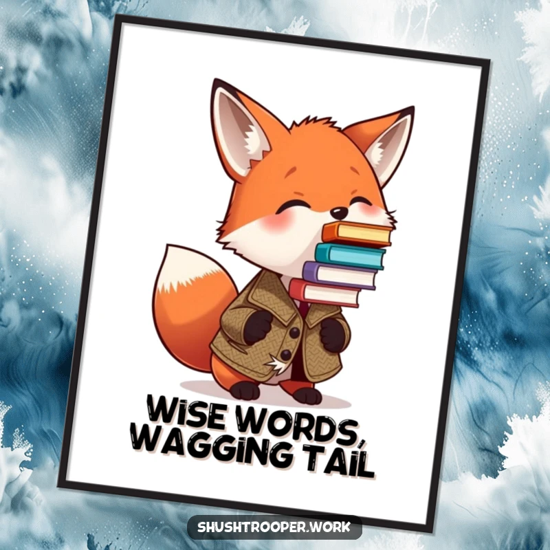 Funny Free Printable Wall Art: A Fox in a Tweed Jacket Balancing a Tower of Books on its Nose